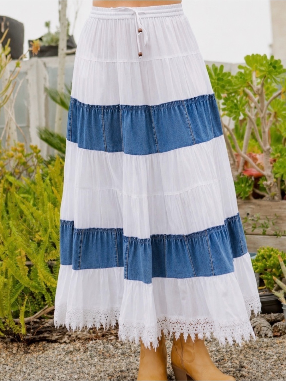 Bohemian White and Denim Tiered Maxi Skirt